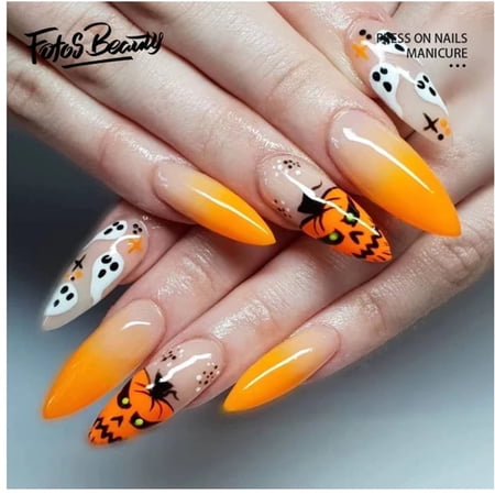 Halloween Decoration Fofosbeauty 24pcs Halloween Nails, Press on Nails False Nails Tips,Stiletto Nails,Sunset Beach