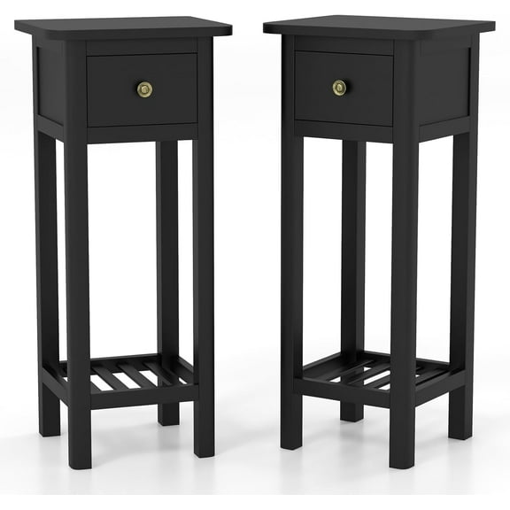 GOFLAME Narrow Side Table Set of 2, Small End Table with Drawer & Shelf, Farmhouse Acacia Wood Tall Sofa Side Table, Slim Nightstand Bedside Table for Small Space Living Room, No Assembly, Black