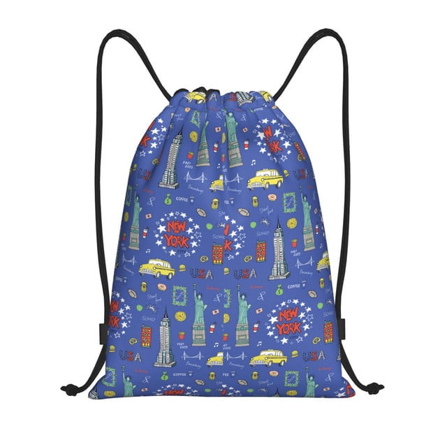 Saiise New-York City Pattern Sports Drawstring Backpack - String Swim Gym Bag with Wet Proof Pocket for Women&Men-Small