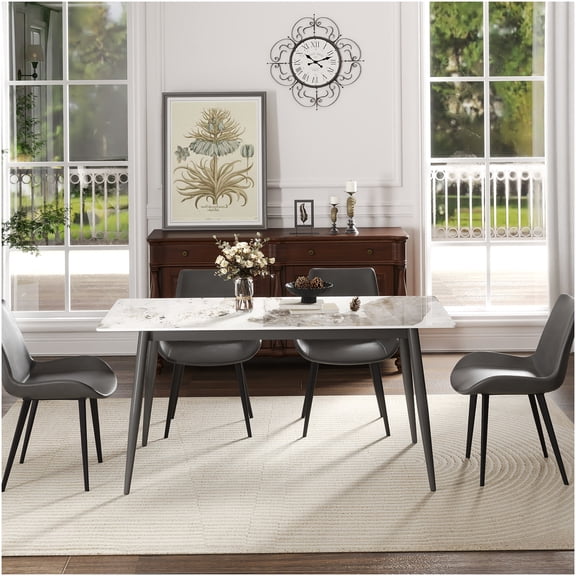 Modern Sintered Stone Dining Table with Dark Grey Metal Legs, 62.99" Rectangular White Pandora Kitchen Table for 6 Seater