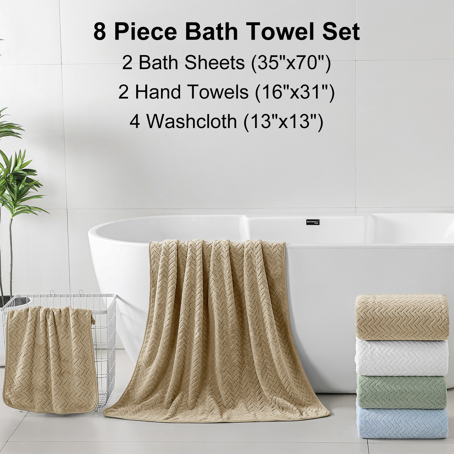 Beartech 8 Piece Microfiber Bath Towels Set - 2 Bath sheet, 2 Hand Towel, 4 Washcloths, Soft, Highly Absorbent, Quick Dry & Less Lint Shower towel for Bathroom, Hotel-Camel