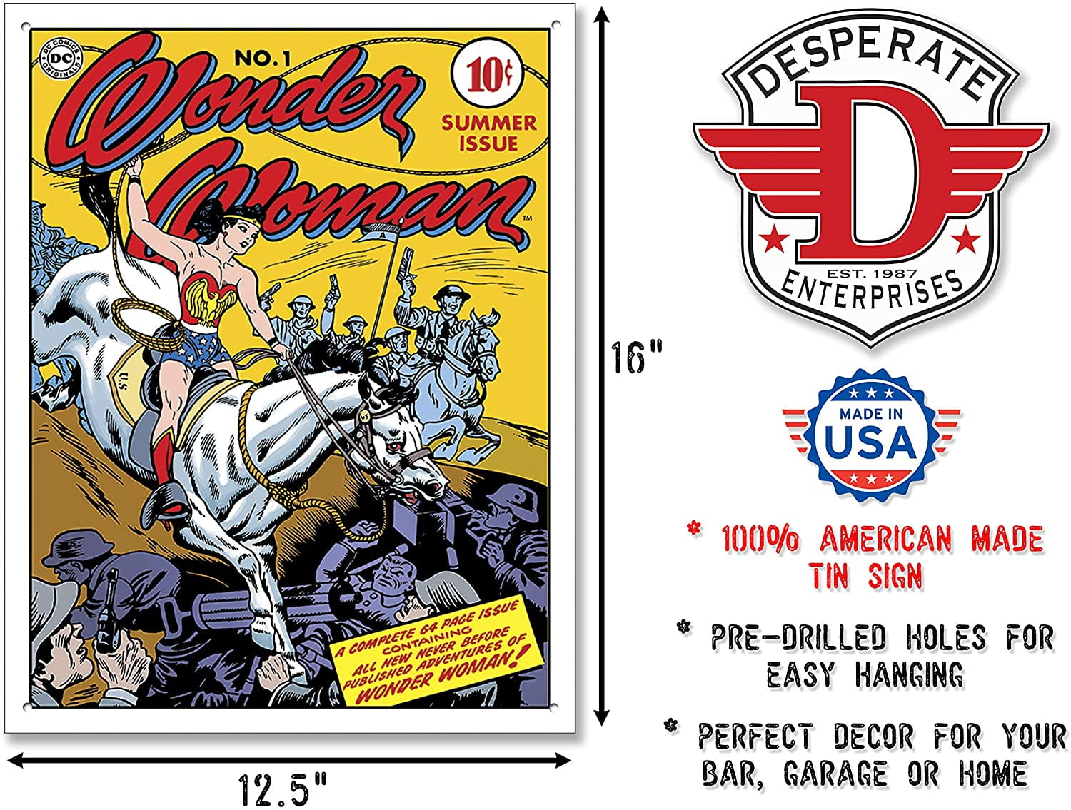 Made in USA Desperate Enterprises Wonder Woman Cover No.1 Tin Sign Nostalgic Vintage Metal Wall Decor 12.5 W x 16 H