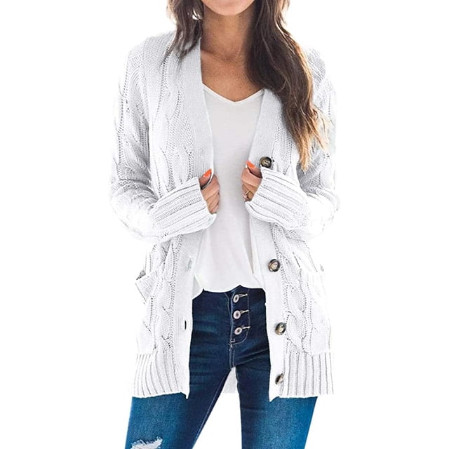 Ladies Cardigan With Cable Pattern, Long Sleeves, Open Front, Button Placket S.