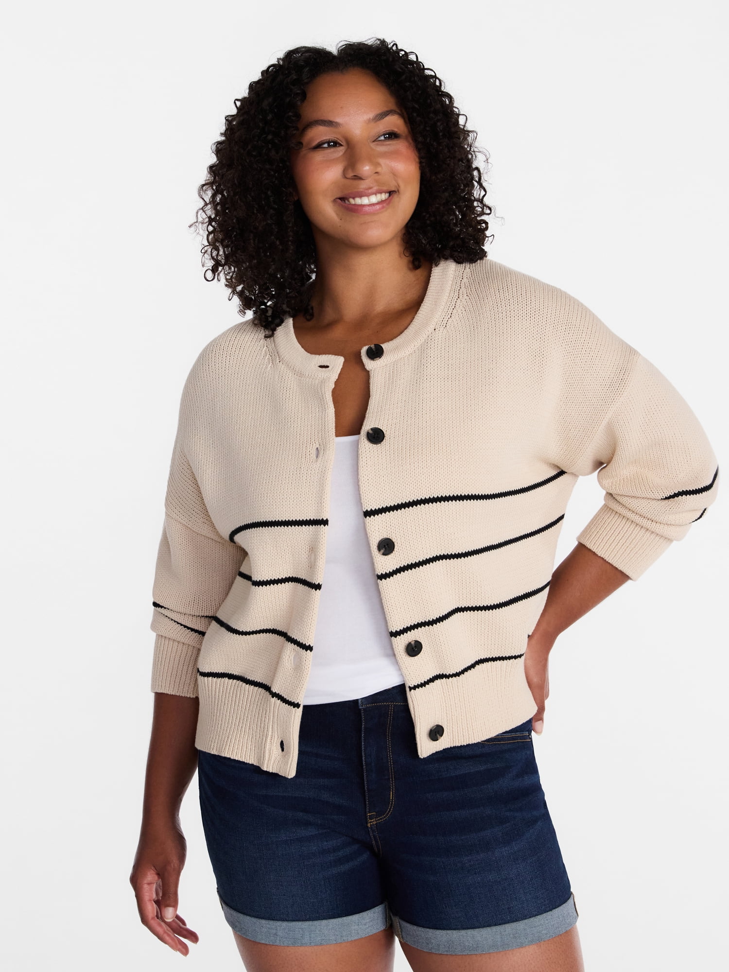 Time and Tru Women's Striped Cardigan Sweater with Long Sleeves, Sizes XS-XXXL