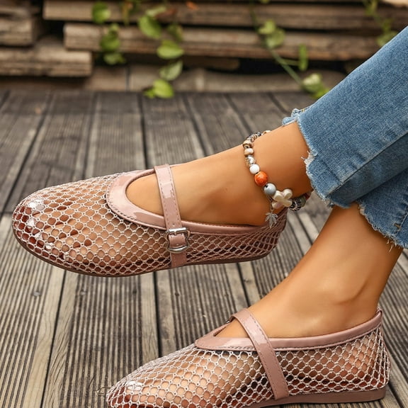 Generic Mesh Ballet Flats for Women, High Top Fishnet Shoes with Adjustable Buckle Strap and Breathable Design for Casual Wear