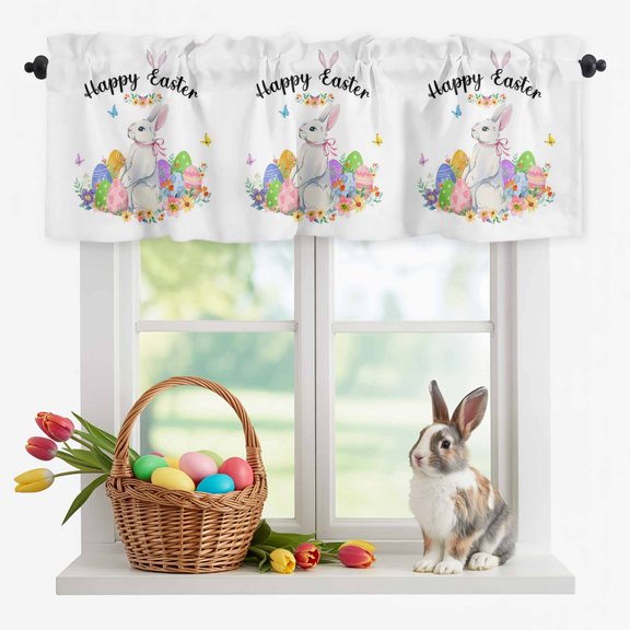 Happy Easter Valances for Windows, Watercolor Rabbit Colorful Easter Eggs Spring Floral Valance Window Treatment Rod Pocket Short Curtains Valances for Kitchen Bathroom 42"W x12"L
