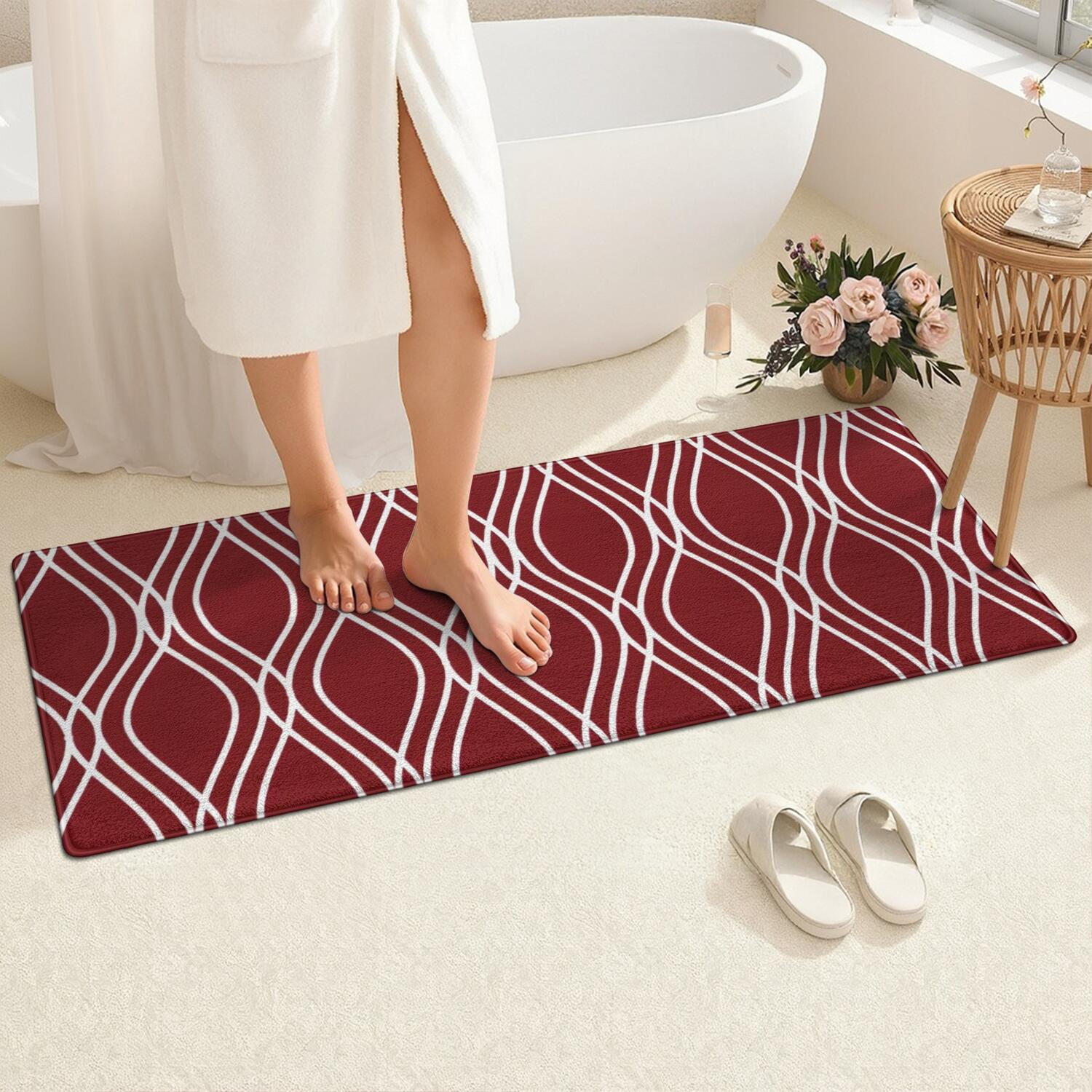 Burgundy and White Wavy Pattern Bathroom Rugs Mat,Non Slip Microfiber Bathroom Rug,Rubber Backing,Soft Bathroom Mats for Bathroom Floor,Tub and Shower,60x24in(150x60cm)