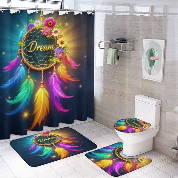 Colorful Feather Dreamcatcher Shower Curtain Waterproof Bathroom Curtain Set with Hooks Home Decor Bathroom Curtains 4pcs