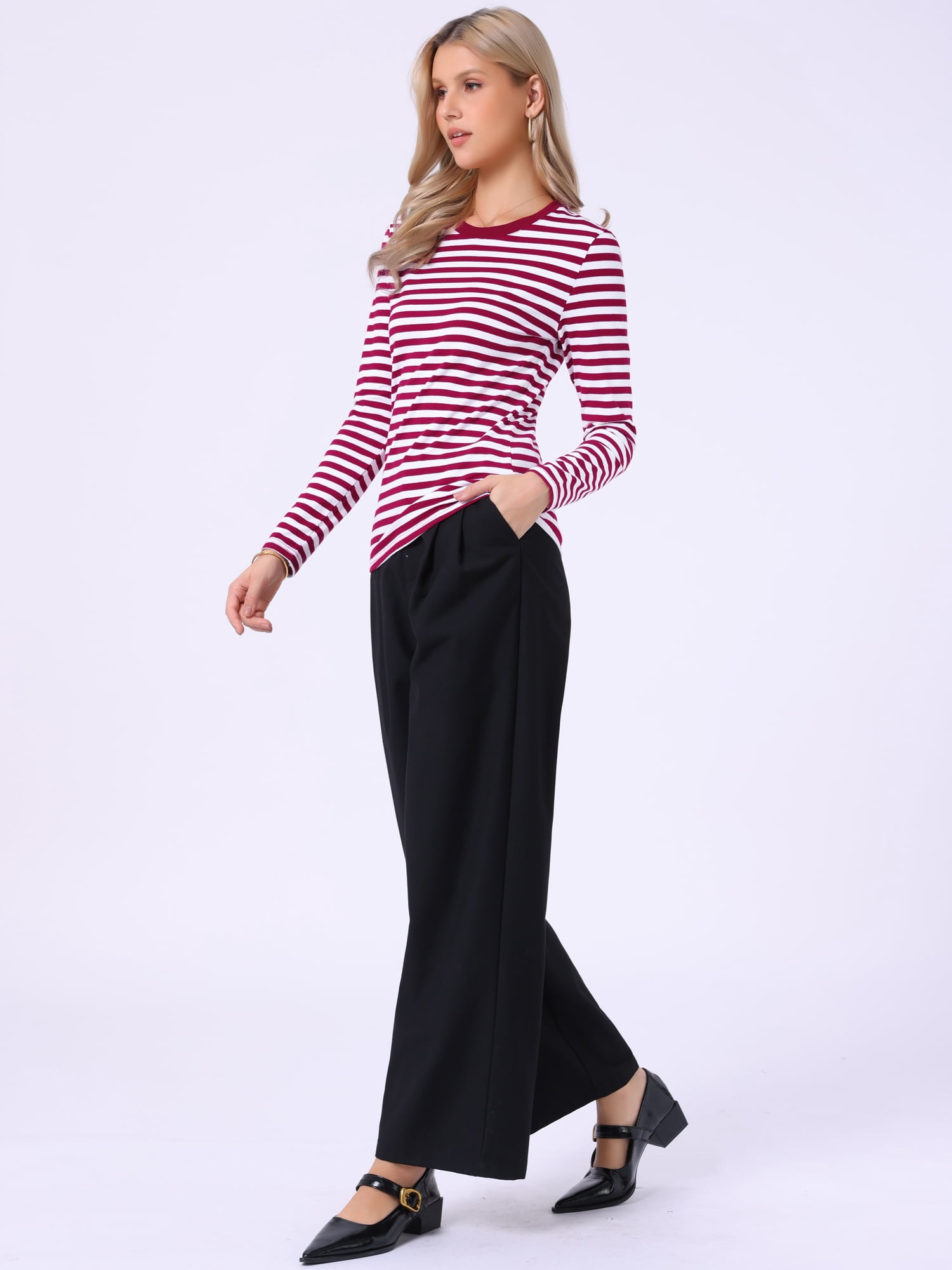 DARING DIVA Women's Striped Long Sleeve Cotton Crew Neck Tees M Deep Red Stripe