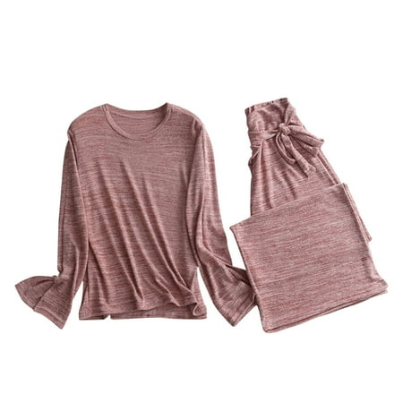 

Leadmall Long Sleeve Round Neck Blouses Shirts Sets Sweatpant Overalls for Women Flare Long Sleeve Solid Color Top with Long Pants Pajamas Set outfit