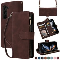 Dteck for Samsung Galaxy Z Fold 5 Wallet Case, Crossbody Phone Purse with Card Holder for Women Men, Soft PU Leather Zipper Carry Cover with Shoulder Strap for Samsung Galaxy Z Fold5 5G,Coffee