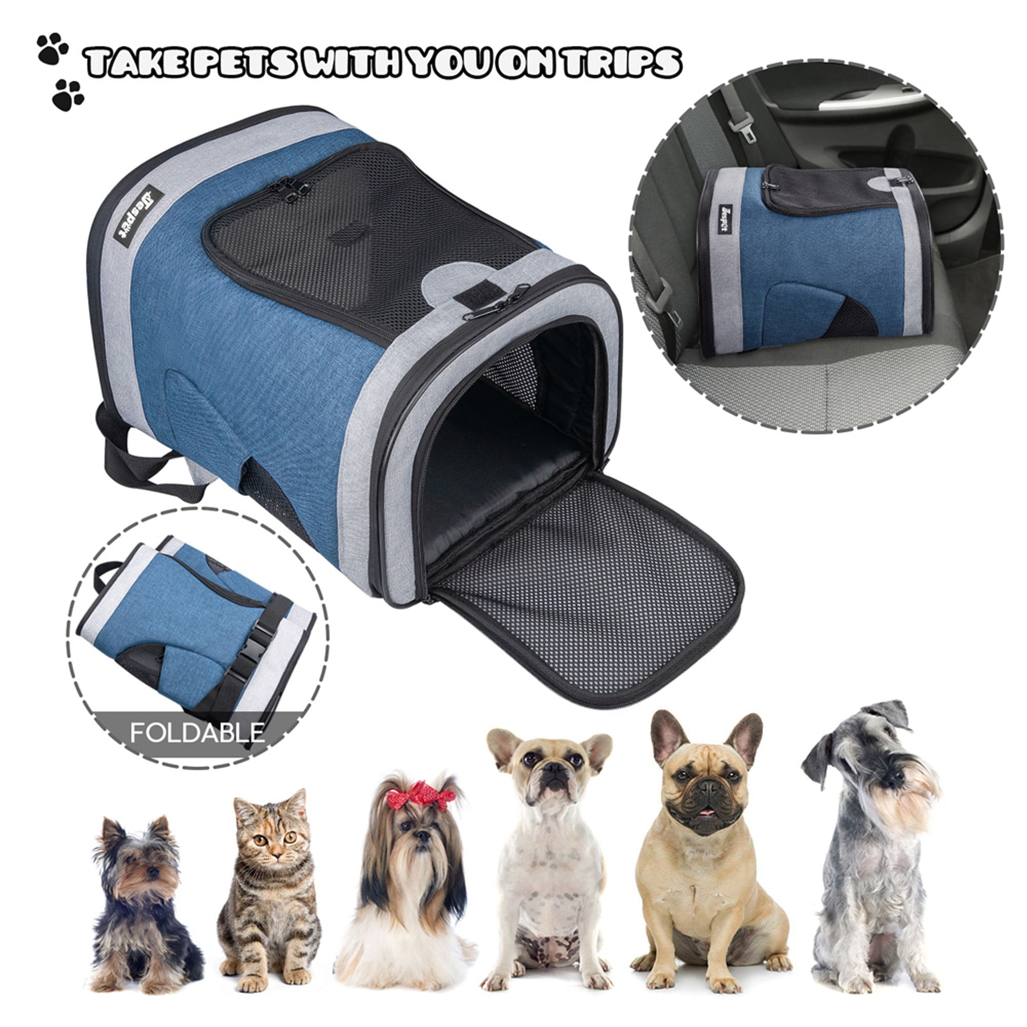 JESPET & GOOPAWS: Pet Soft Backpack Carrier - Blue Grey - 13", Small Dogs & Cats, Portable-Traveling-Hiking-Walking, Outdoor, Mesh Window, Ventilated