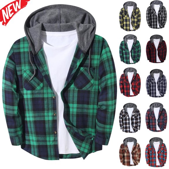 Tqyyweavej Mens Flannel Hoodie Shirts Lightweight Button Down Plaid Hoodies Drawstring Hooded Long Sleeve Jackets for Men with Pockets