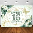 thumbnail image 2 of Sweet 16 Birthday Backdrop Floral Green Roses Glitter Gold Butterfly Princess Girls Sixteen 16th Birthday Theme Party Decoration Banner Bday Cake Table Background, 2 of 5