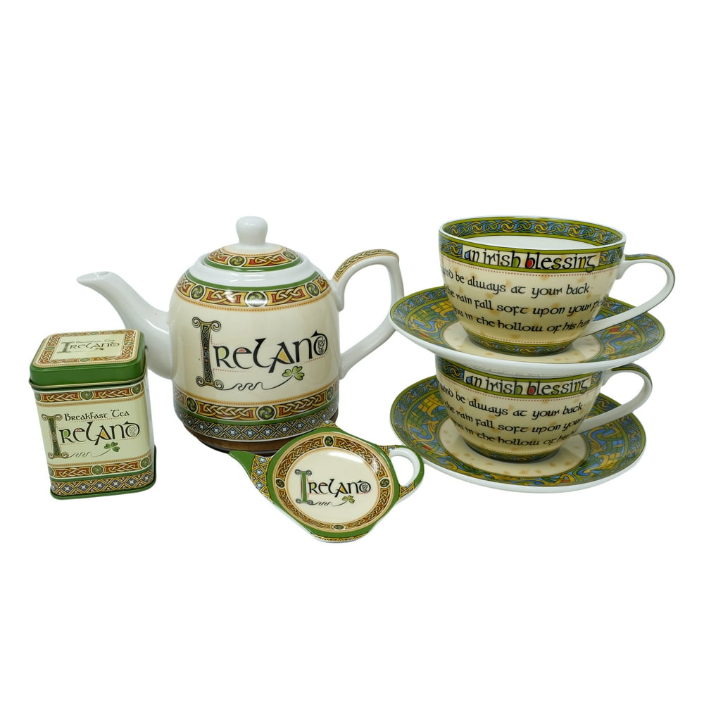 Royal Tara Ireland Tea Gift Set of Loose Leaf Tea Bone China Teapot Tea Bag Holder 2 Mugs with