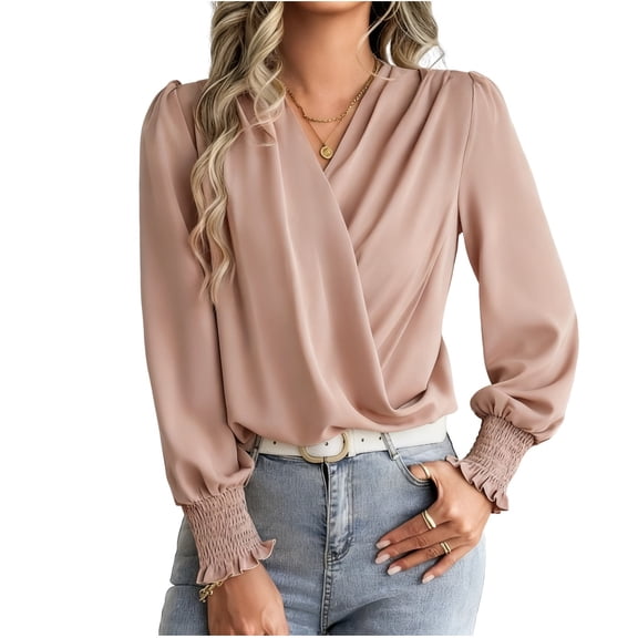 HongQid Long Sleeve Blouses for Women Dressy Casual, Chiffon Wrap Tops Work Shirts, Spring Fall Business Outfits