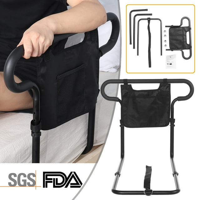 BVSOIVIA Barre de Lit Réglable pour Personnes Âgées, Barre de Lit de Sécurité de Qualité Hospitalière, Barre de Lit d'Assistance pour Adulte Handicapé (avec Poche de Rangement)