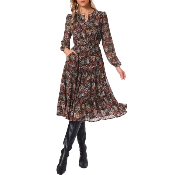 INSPIRE CHIC Chiffon Floral Dress for Womens Fall 2026 Long Sleeve Flowy Pleated Midi Dresses M Black