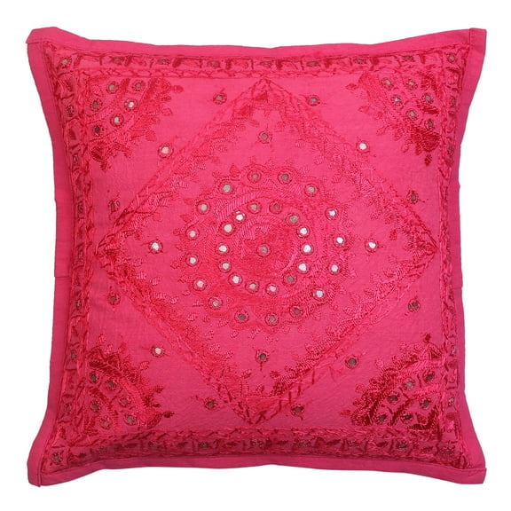 Stylo Culture Ethnic Couch Throw Pillow Cover 16x16 Hand Embroidered Dark Pink Boho 40x40 cm Living Room Decor Cotton Mirrored Square Cushion Cover | 1 Pc
