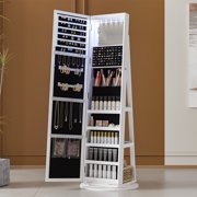 Lvifur 360° Swivel LED Jewelry Cabinet,Full Length Mirror Large Capacity Jewelry Armoire Organizer with 6 LED Lights, Lockable Floor Standing Mirror With Back Rear Storage, White