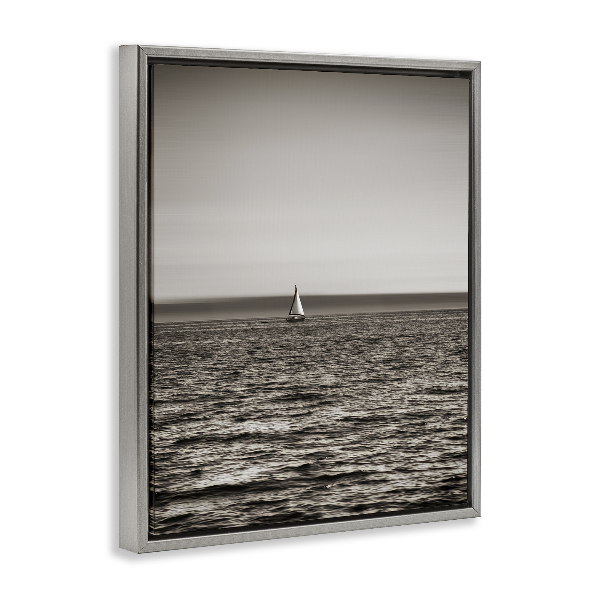 Stupell Industries Lone Distant Sailboat Coastal Photography Gray Floater Framed Canvas Art Print Wall Art, 17 x 21