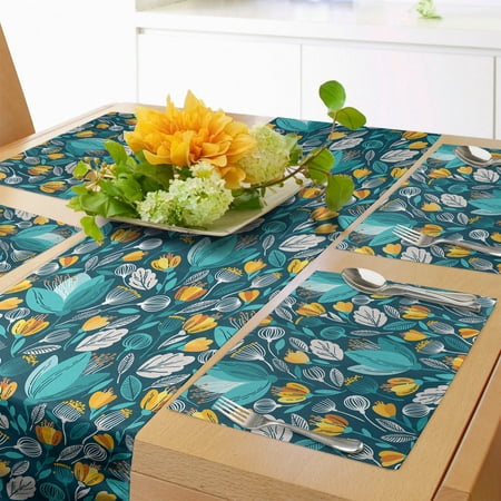 

Floral Table Runner & Placemats Meadow Foliage Plants Petals Essence Blossoming Spring Growth Pattern Set for Dining Table Placemat 4 pcs + Runner 16 x90 Dark Teal and Pale Orange by Ambesonne