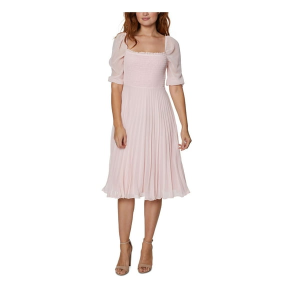 BCBGeneration Womens Pink Smocked Pleated Ruffled Chiffon Pouf Sleeve Square Neck Below The Knee Party Fit + Flare Dress 2