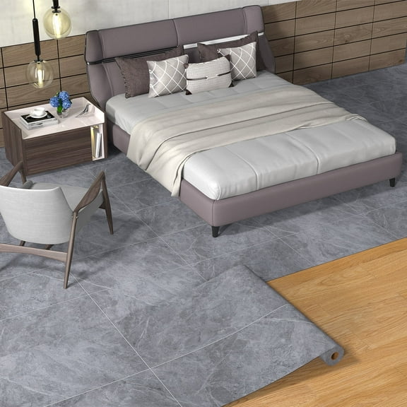 Vinyl Flooring Roll PVC Marble Tile Covering with Tape 39.3" X 118" Gray Marble