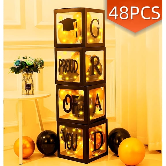 Graduation Party Decorations 2026 Graduation Balloon Boxes with Gold Balloon Black Letters for College Graduation Party Favors Supplies 48Pcs