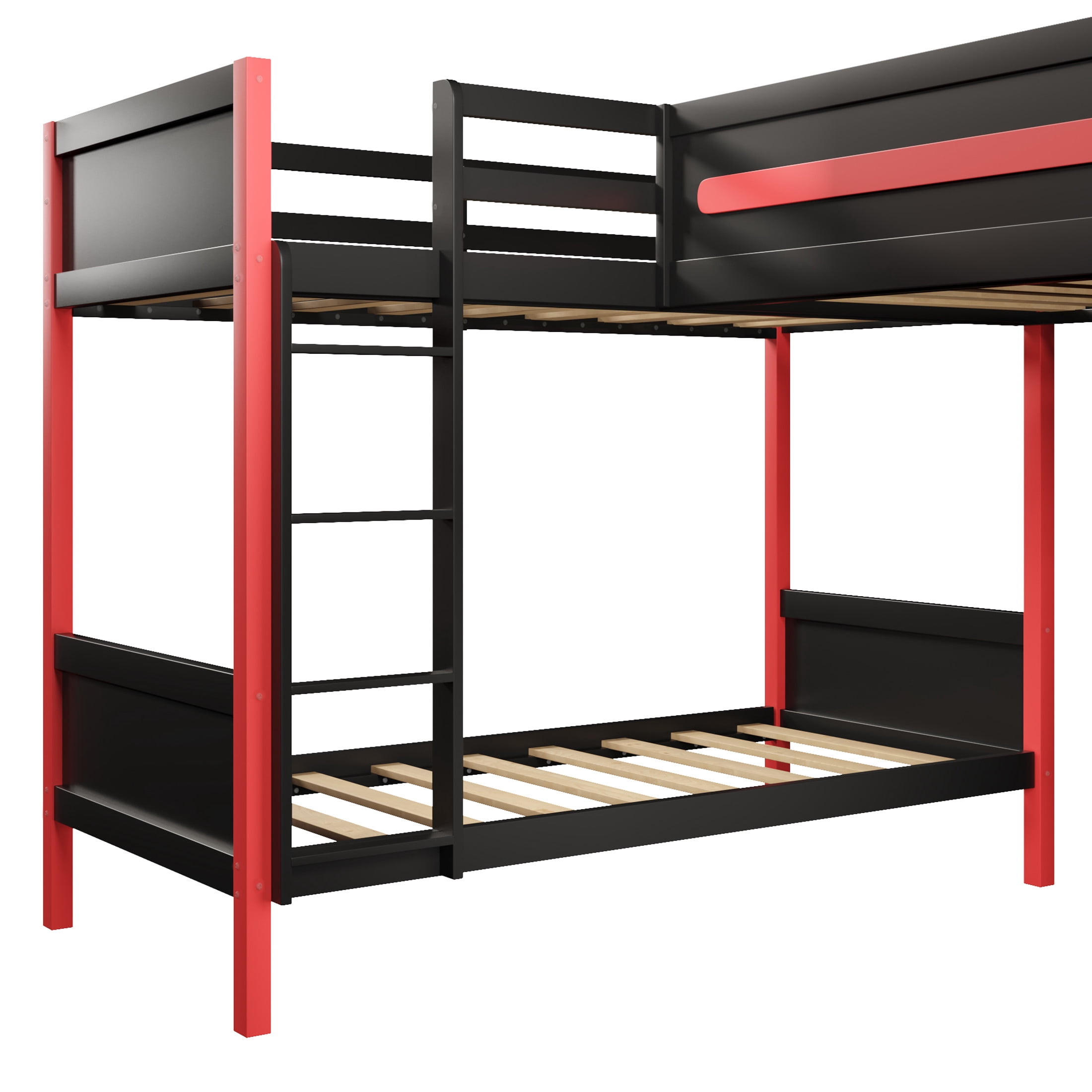 Noble House Renee L-Shaped Twin Bunk Bed with Gaming Loft and Desk, LED Lights and Shelves, Black and Red