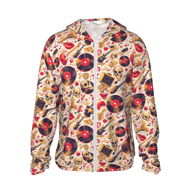 Fotbe gold Skull Guitar record Chaqueta con Protección Solar UPF 50+ para Hombre y Mujer, Camisa con Capucha y Bolsillos-Large