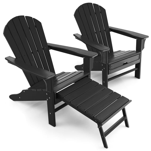 Gymax Ensemble de 2 Chaises Adirondack de Patio Chaise Longue d'Extérieur en HDPE avec Ottoman Rétractable Noir