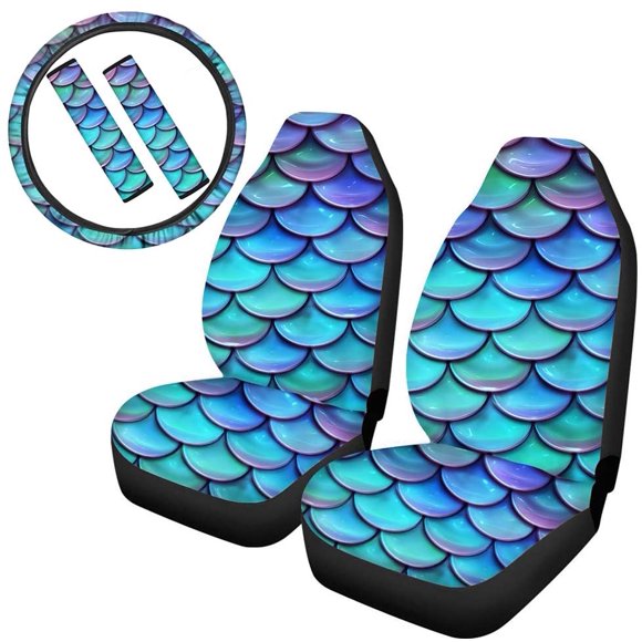 Blue Mermaid Fish Scale Print 5 Pcs Auto Interior Accessories, Soft Car Front Seat Cover+ Steering Wheel Wraps+ Safety Seat Belt Pads Universal Fit SUV/Van/Trucks