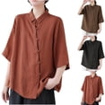 thumbnail image 1 of QIPOPIQ Women's Loose Cotton Linen Blouse Round Neck with Chinese Frog Button Tops Clearance, 1 of 7