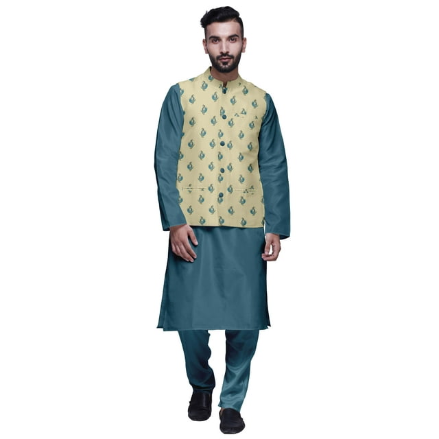 Atasi Kurta Traditionnelle Unie avec Col Mandarin et Veste Imprimée