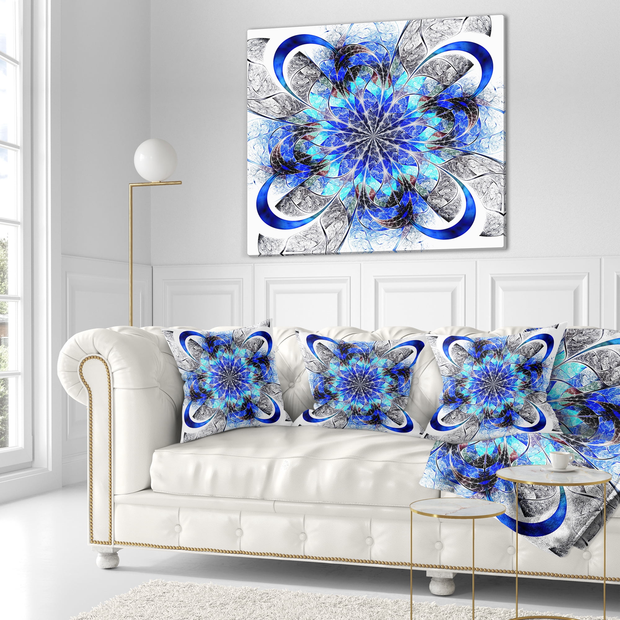 Designart Symmetrical Blue Fractal Flower - Abstract Throw Pillow - 16x16