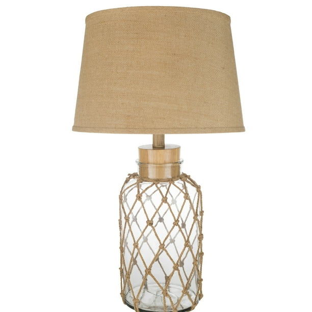 30" Knotted Rope Design Clear Glass Base with Brown Burlap Shade Table