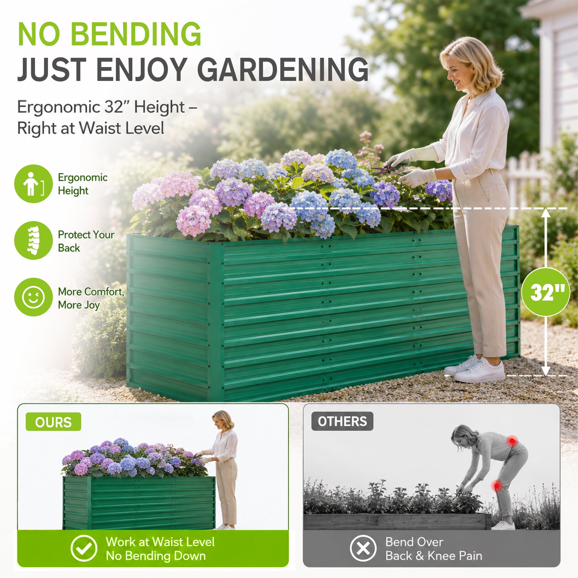 Leumius 2-Pack Metal Garden Bed,32" Ergonomic Height No Bending Metal Planter Box,Open-Ended Base for Drainage,8 Reinforcing Rods,Rustproof Steel for Vegetables, Flowers, Herbs and Succulents Green