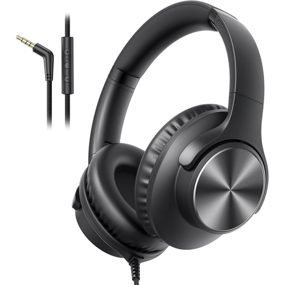 Wired Headphones with Mic, Volume & Playback Control, Over-Ear Foldable Headphones, 3.5mm Plug, 90? Swivel Ear Cups, 4.9ft -Free Cord for Tablet, Laptop, PC, School, Travel (Black)