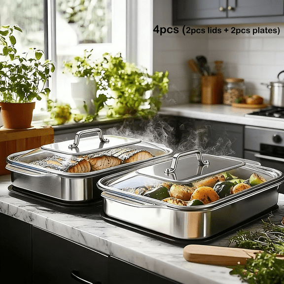 4-Piece Extra Large Heavy-Duty Thickened Stainless Steel Bakeware Set – 2 Oversized Rectangular Thick Baking & Fish Roasting Pans with 2 Matching Lids, Large Capacity Multi-Purpose Bake Trays