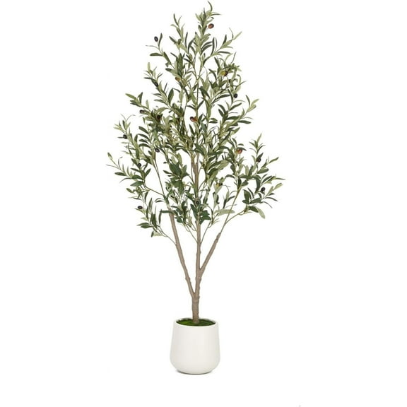 Olive Trees Artificial Indoor, 5FT Tall Faux Olive Tree with White Tall Planter, Artificial Plants with Natural Wood Trunk and Lifelike Fruits for Home Office Decor