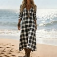 thumbnail image 2 of Tnhcen Women's Bohemian V Neck Long Sleeve Plaid Print Maxi Dress Nylon Spandex Matte Finish Casual Dress Plus Size S-2XL Loose Flowy Daily Outfit Beach Party Wear, 2 of 6