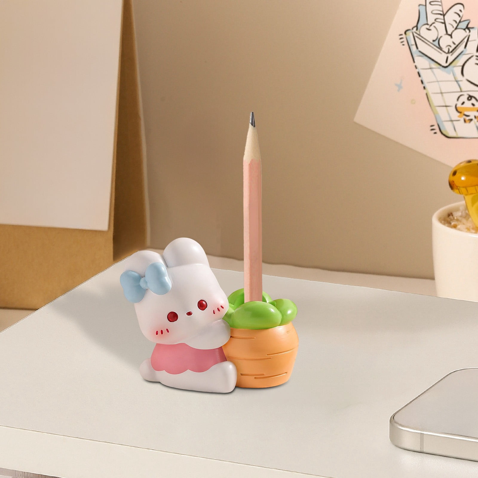 Yunuuuoa 5 Packs Resin Rabbit Pen Holder Desktop Organizer Cute Animal Decor Stationery Accessory for Office Desk Study Table Writing Utensil Holder Gift