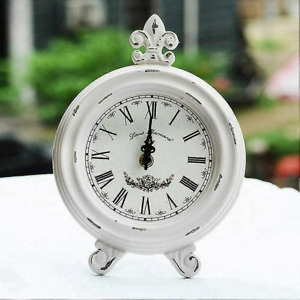 Vintage Table Clock Wood Small White Desk Clock Silent No Ticking Battery Operated Rustic Farmhouse Decor Retro Clock