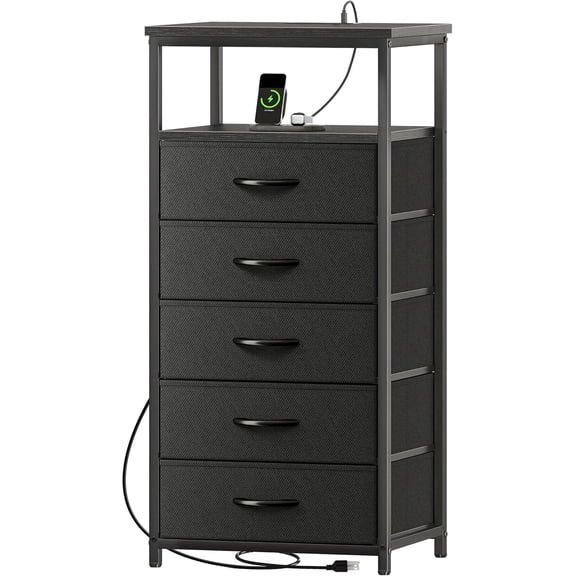 5-Drawer Dresser with Charging Station and Open Shelf in Black