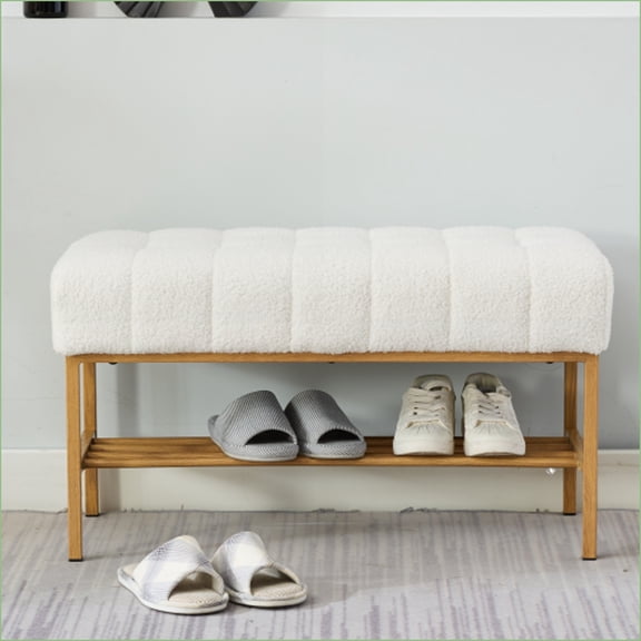 Storage Bench | Modern Teddy Fabric Upholstered with Shelf | Off-White | Bedroom, Entryway, Living Room | 300 LB | Off-White | Polyester Blend
