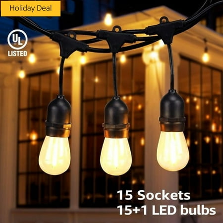 

50ft Outdoor Patio String Lights with 24 Sockets 24 Bulbs + Extra 12 Free Bulbs