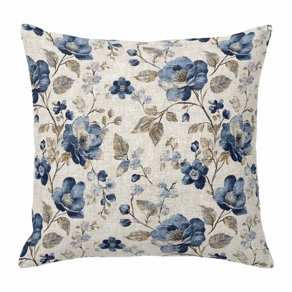 Blue Gray Spring Floral Throw Pillow Cover Vintage Botanical Leaf Farmhouse Cotton Linen Cushion Cover Throw Pillow Case with Invisible Zipper for Couch Sofa Bed Chair Car 16x16 Inch