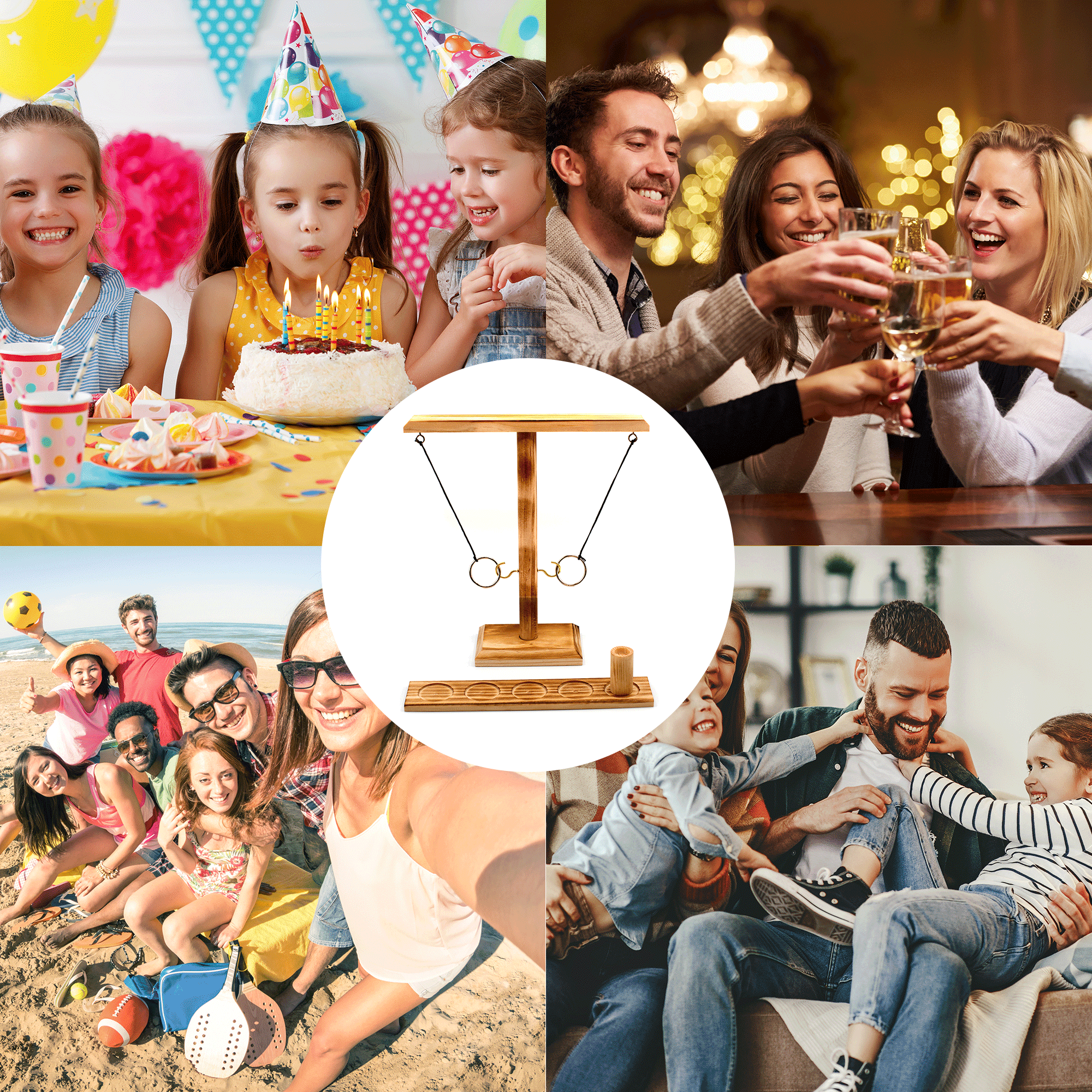 Brown Party Ring Toss Game Home Ring Toss Games for Kids and Adults Outdoor Indoor Handmade Wooden Hooks Fast-paced Interactive Game for Bars 4 Players 