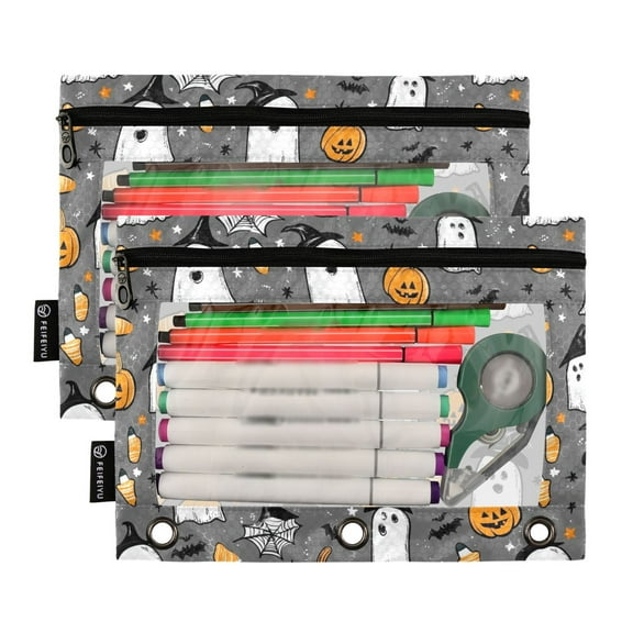 2 Pack Pencil Pouch for 3 Ring Binder Smooth Zipper Folders with Pockets Clear Window Pencil Case Cute Ghost Pumpkin Star